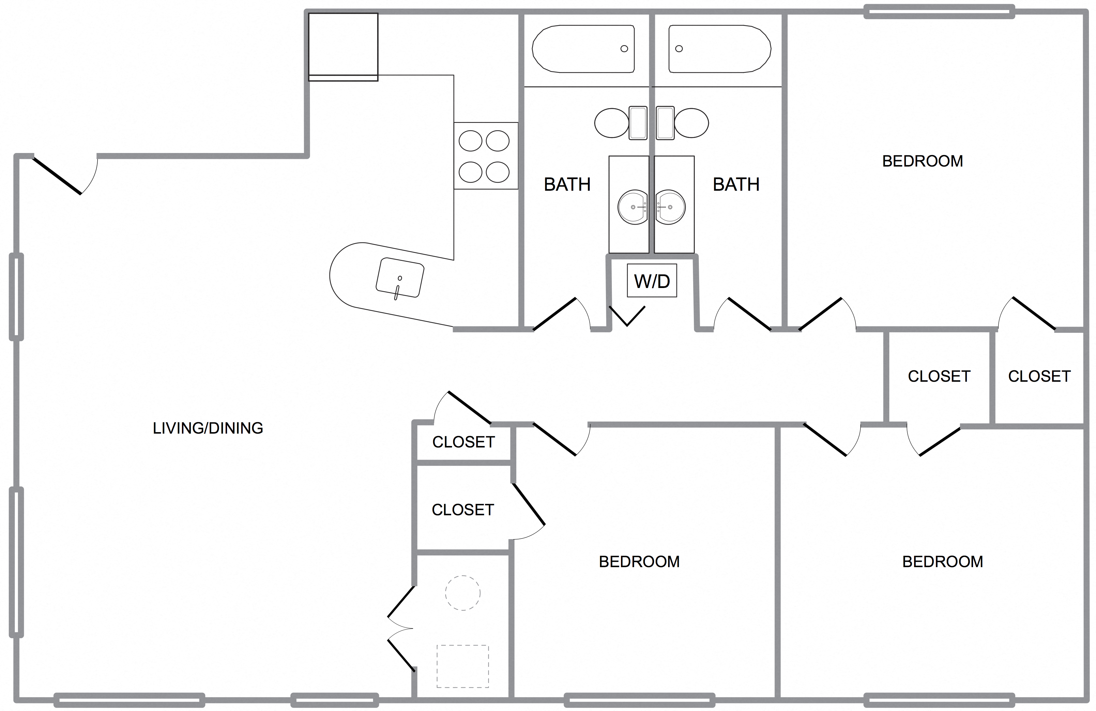 Floor plan for 3 beds, 2 baths, 1250 sqft